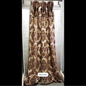 Curtain panel. Slouch pleat. Yellow/brown damask fabric. Custom made. New